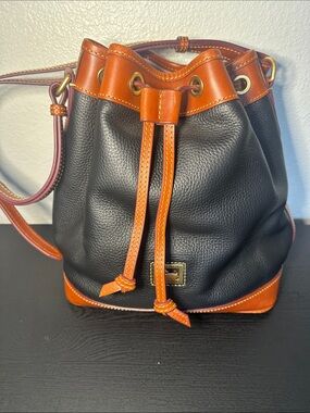 Dooney & Bourke Black Leather Drawstring Bucket Bag with Brown Trim NWOT